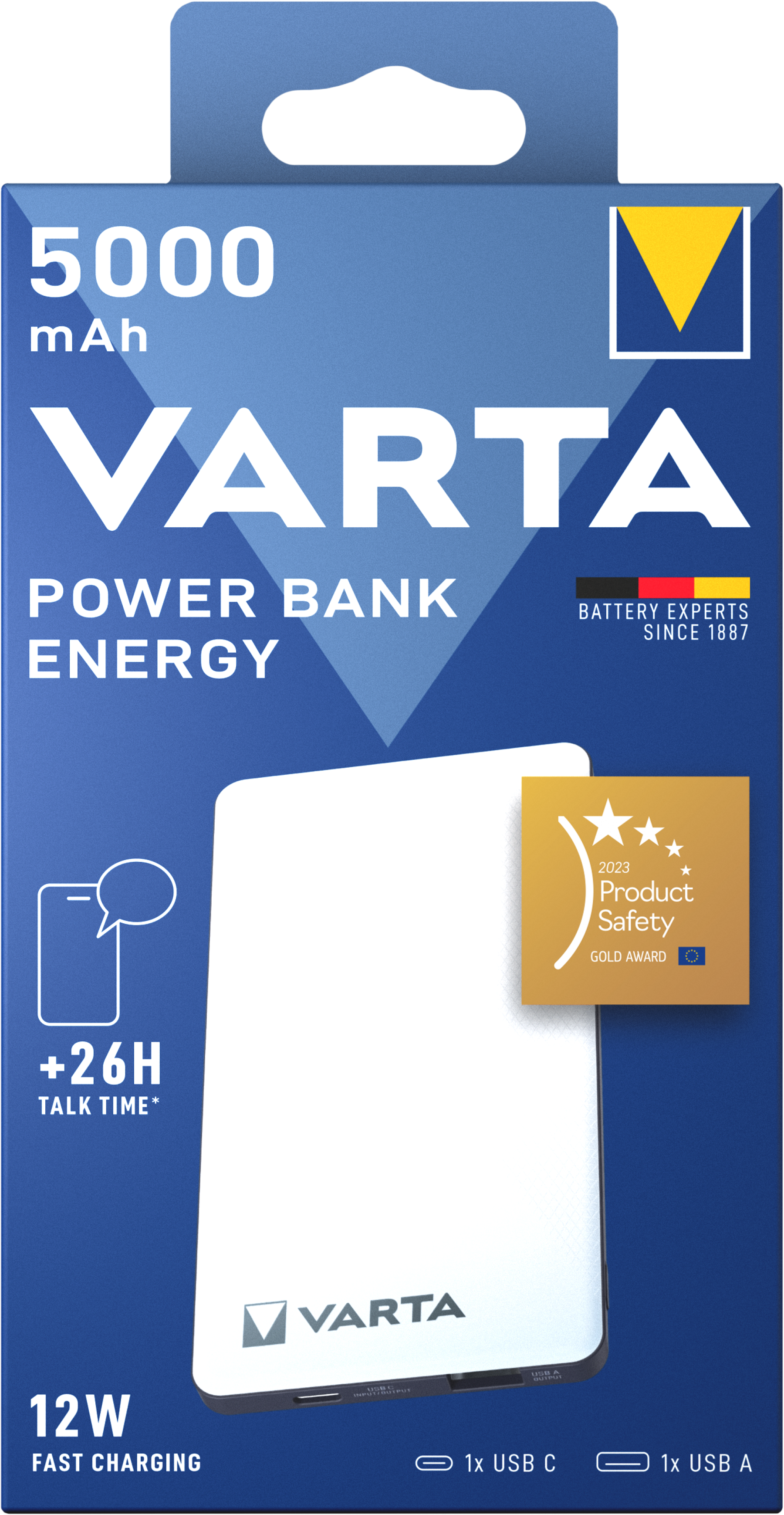 VARTA 5000mAh Energy Power Bank with 2 USB Ports, up to 12W, USB-C Cable Included